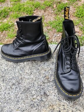 Dr. Martens Black Leather Lace-Up Boots with Yellow Stitching